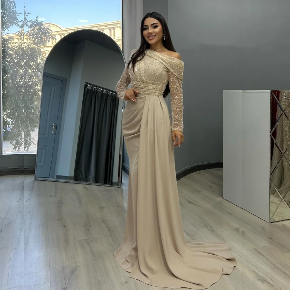 

Customized Formal Evening Dress Long Sleeves Saudi Arabian Pleat Sequined Trumpet Long DressesBespoke Occasion Party Gown
