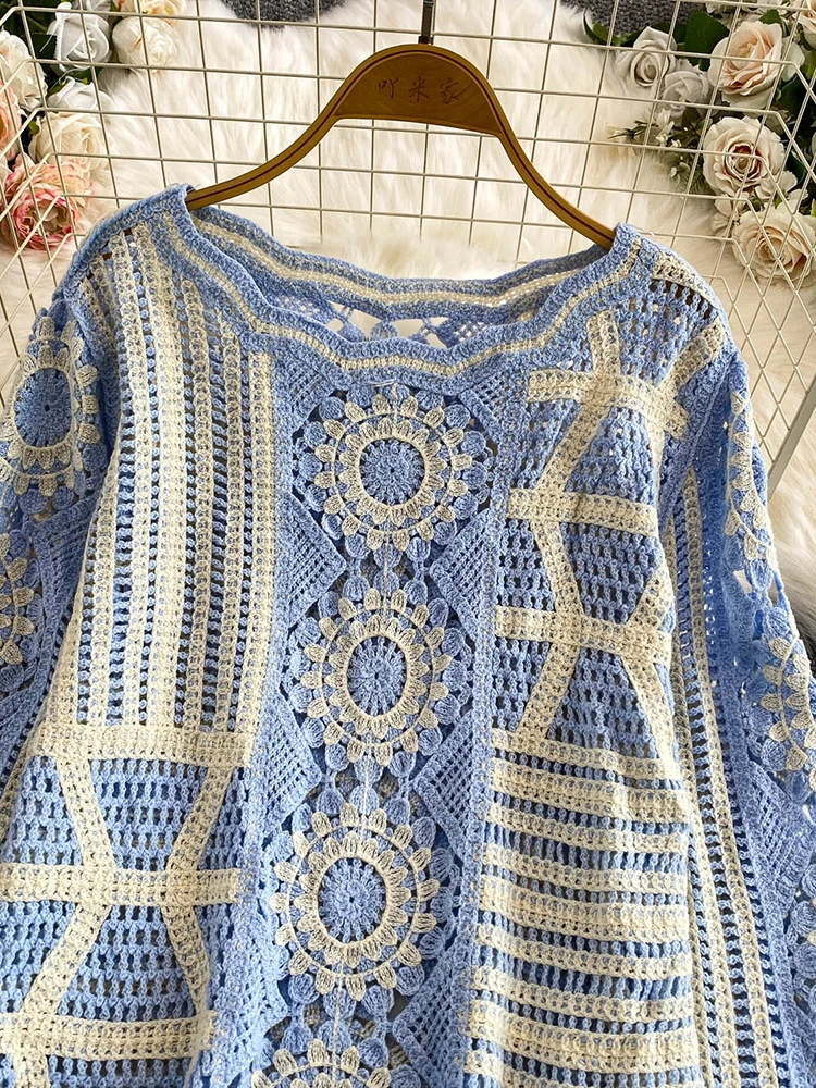 เสื้อถักไหมพรมผู้หญิง สไตล์โบฮีเมียน สำหรับฤดูใบไม้ผลิและฤดูใบไม้ร่วง ลายปักฉลุ คอทรงโอ เสื้อยืด บลูซา เสื้อคลุมผู้หญิง รุ่น BL231