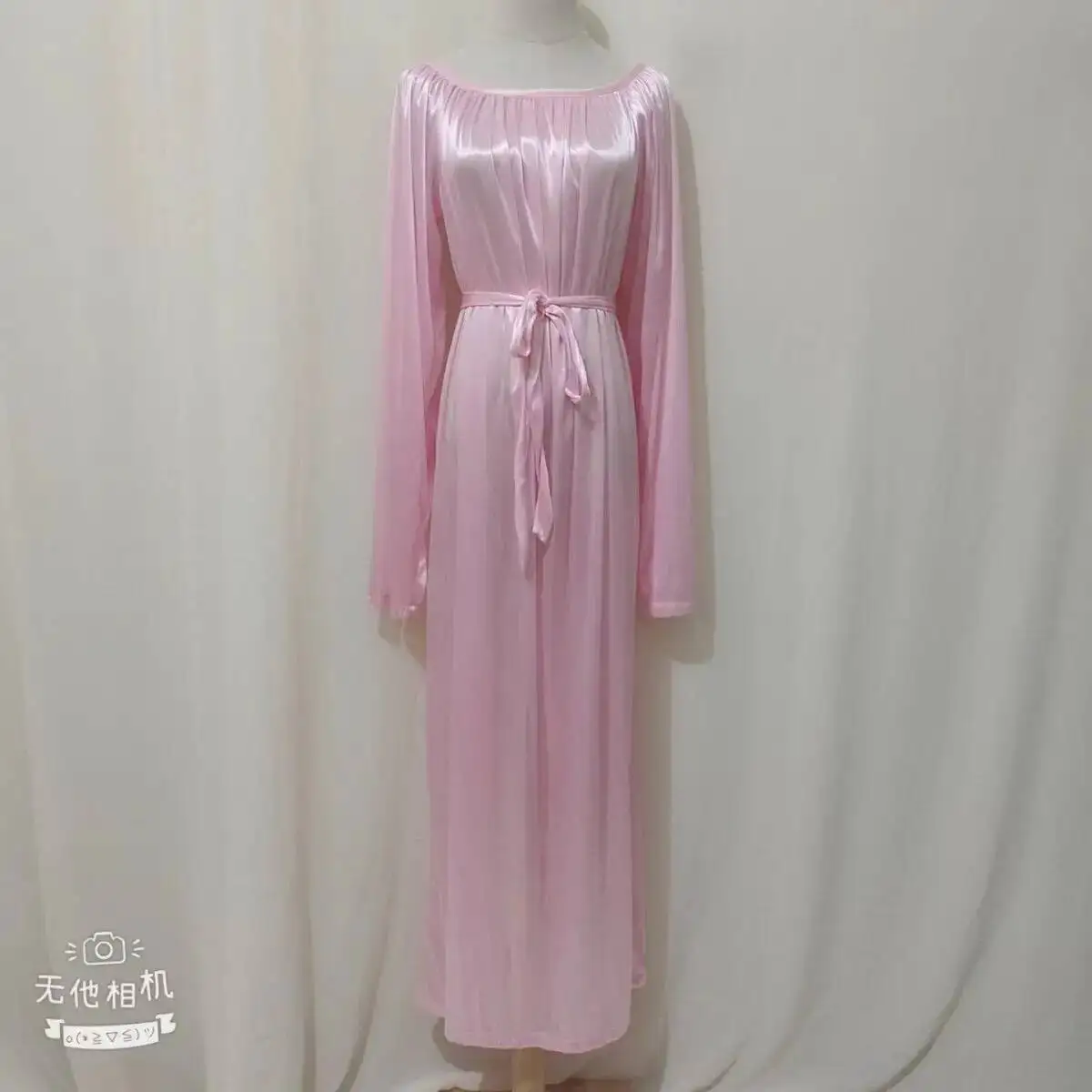 

Sexy Women Glossy Satin Long Dress with Belt Long sleeve Loose Silk Maxi Dress Sleeping Robe