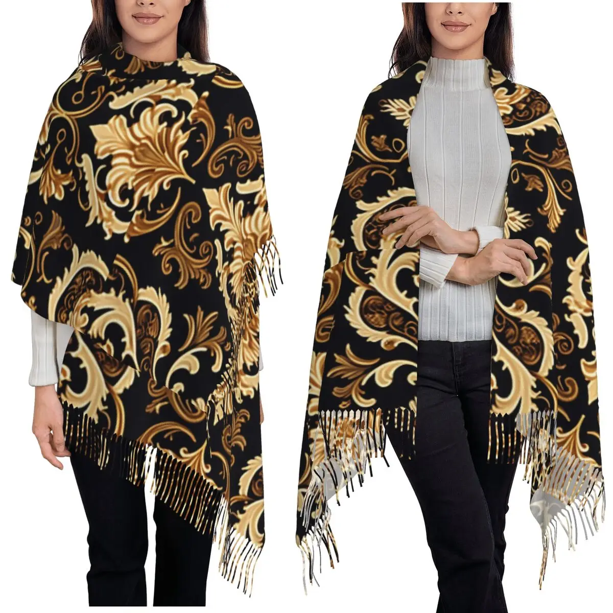 

Luxury Golden European Floral Baroque Victorian Art Scarf Tassel Scarves Women Warm Shawls and Wrap Large Fall Winter Shawl Wrap