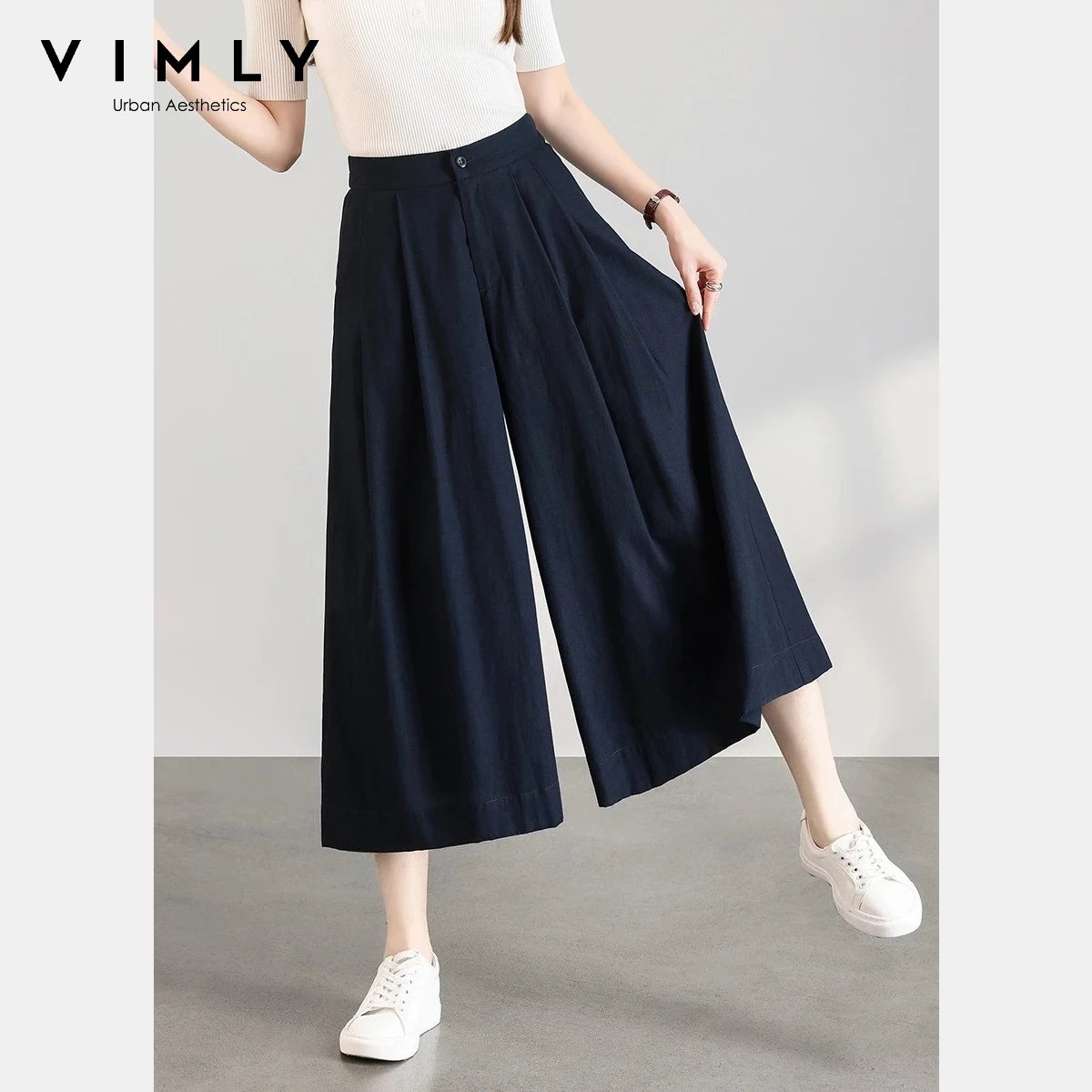 

VIMLY Women's Wide Leg Cropped Pants 2026 Summer New Minimalist Commute Ruched Waist Design Loose Fit Casual Culottes A6206