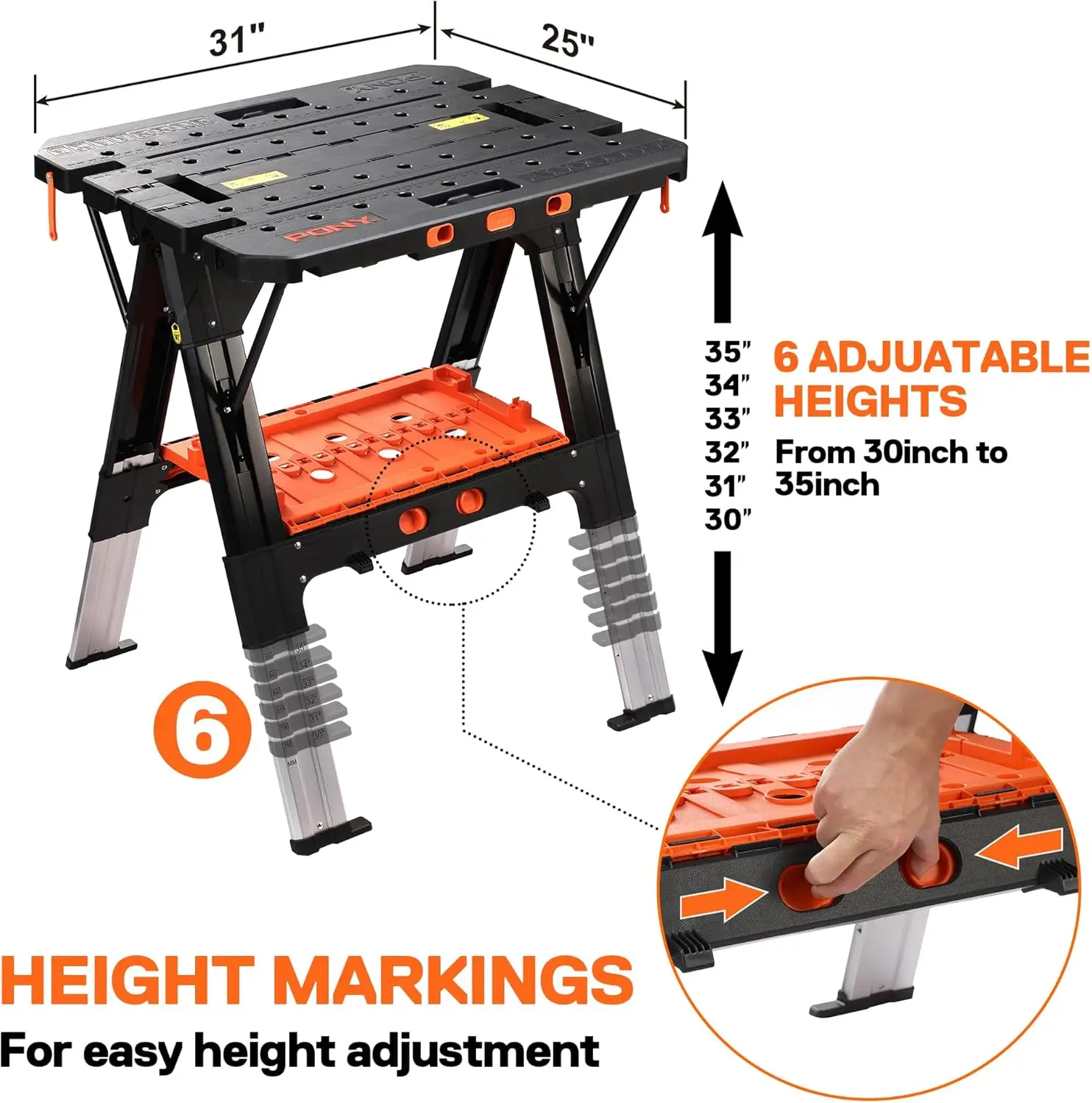 Portable Folding Work Table 2-in-1 as Sawhorse & Workbench Large Load Capacity with 4pcs Clamps 4pcs Bench Dogs