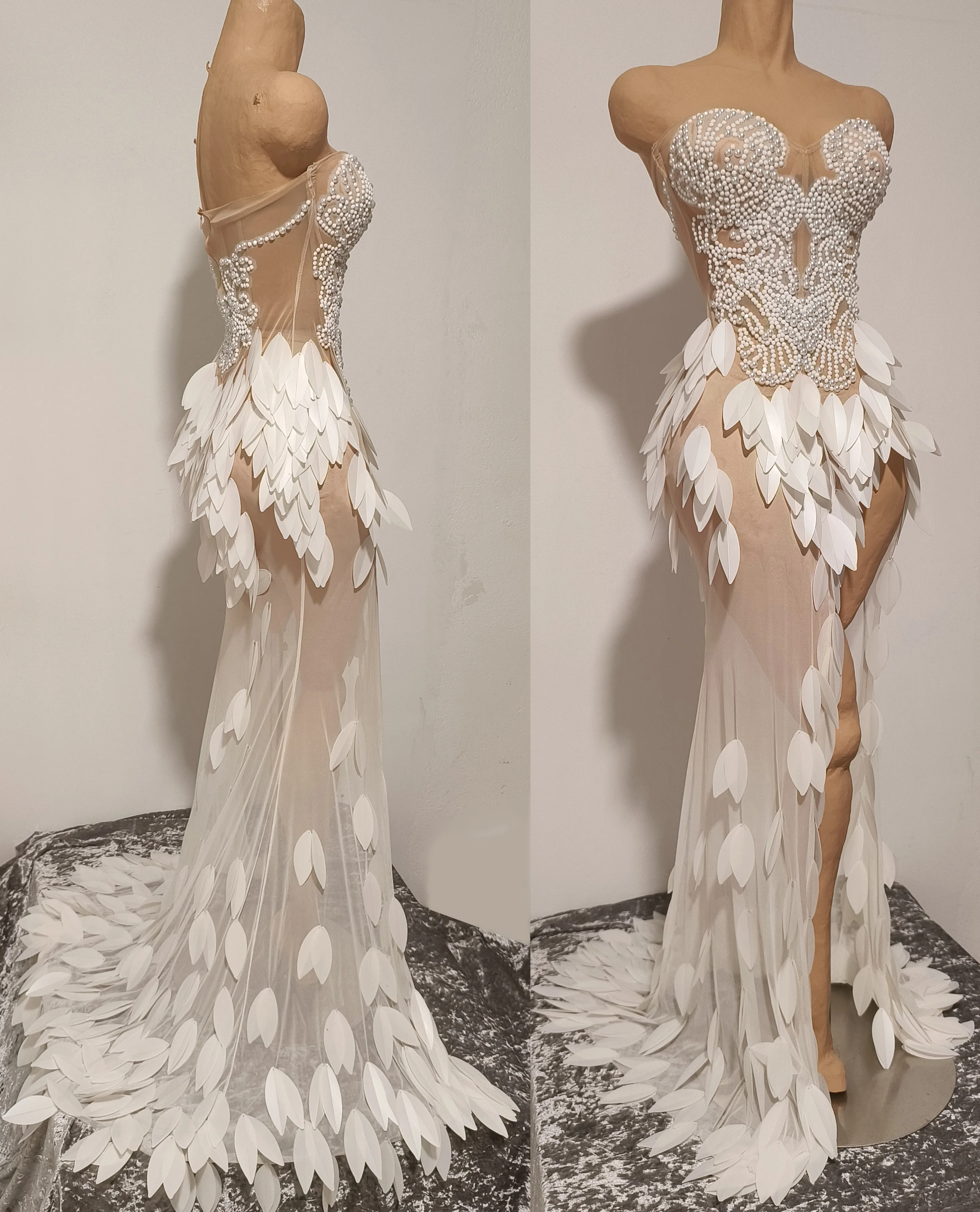 Elegante Glanzende Parels Strapless Mesh Sheer Maxi Jurk Vrouwen Avond Verjaardagsfeestje Sexy Nachtclub Bar Prestaties Stadiumkostuum