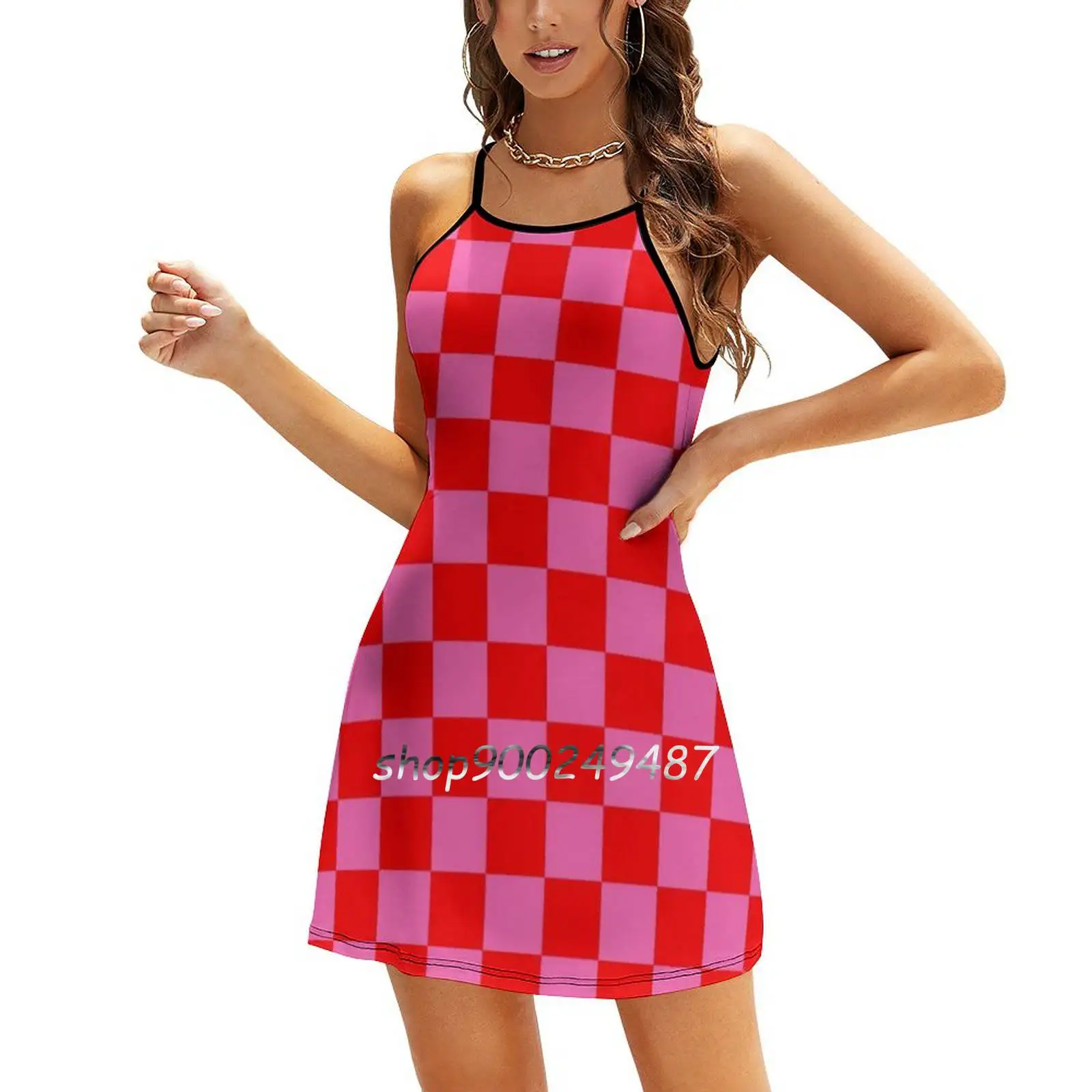 Red And Pink Checkered Pink And Red Checked Evening Party Dresses Midi Sexy Dress Female Sweet One Piece Dress Korean Red And