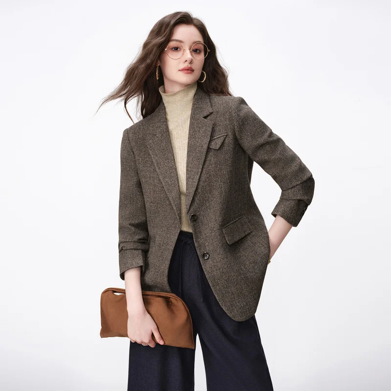 Winter Thickened Coffee-Colored Wool Suit Jacket Korean-Style Commuter Blazer High-Quality 2026