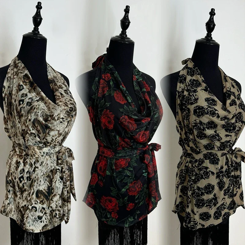 

2025 New Women Waltz Latin Dance Dress Adult 3 Colors Flower Print Tops Samba Rumba Practice Clothes Latin Dancewear