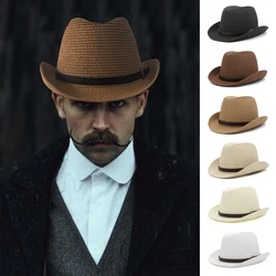 Men Women Straw Classical Retro Homburg Hats Bowtie Band Fedora Caps Trilby Sunhat Jazz Summer Adjustable Size M-L 7 1/8-7 1/4