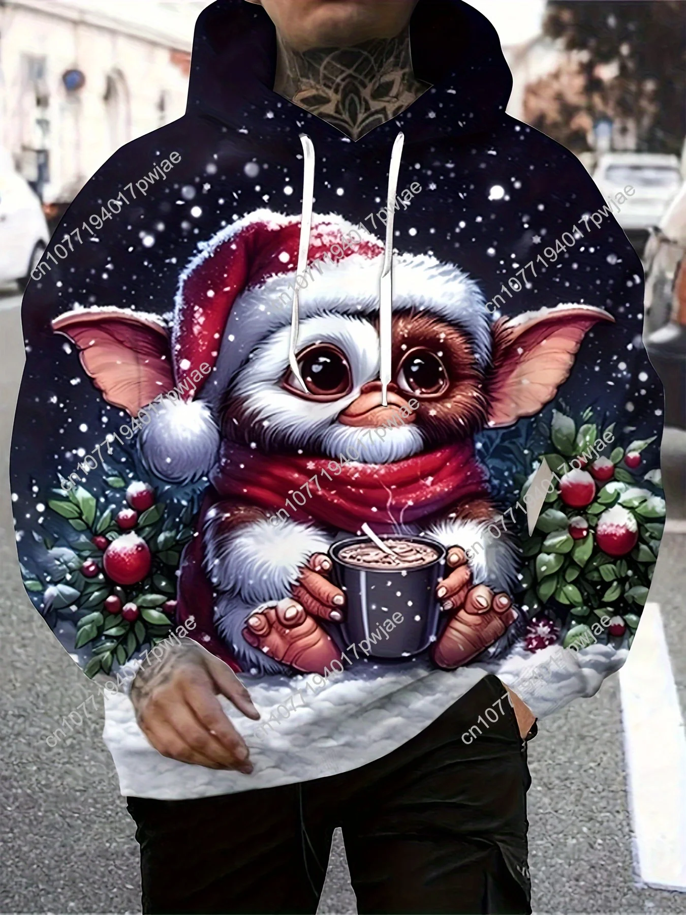 Lässiger Kapuzenpullover mit 3D-Cartoon-Print für Herren – weiches Polyester, maschinenwaschbar, Pullover-Sweatshirt mit Kängurutasche