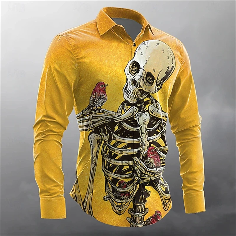 

3D Print Funny Skeleton Graphic Men's Shirt Halloween Theme Party Long Sleeve Lapel Shirts Creative Pumpkin Pattern Male Clothes