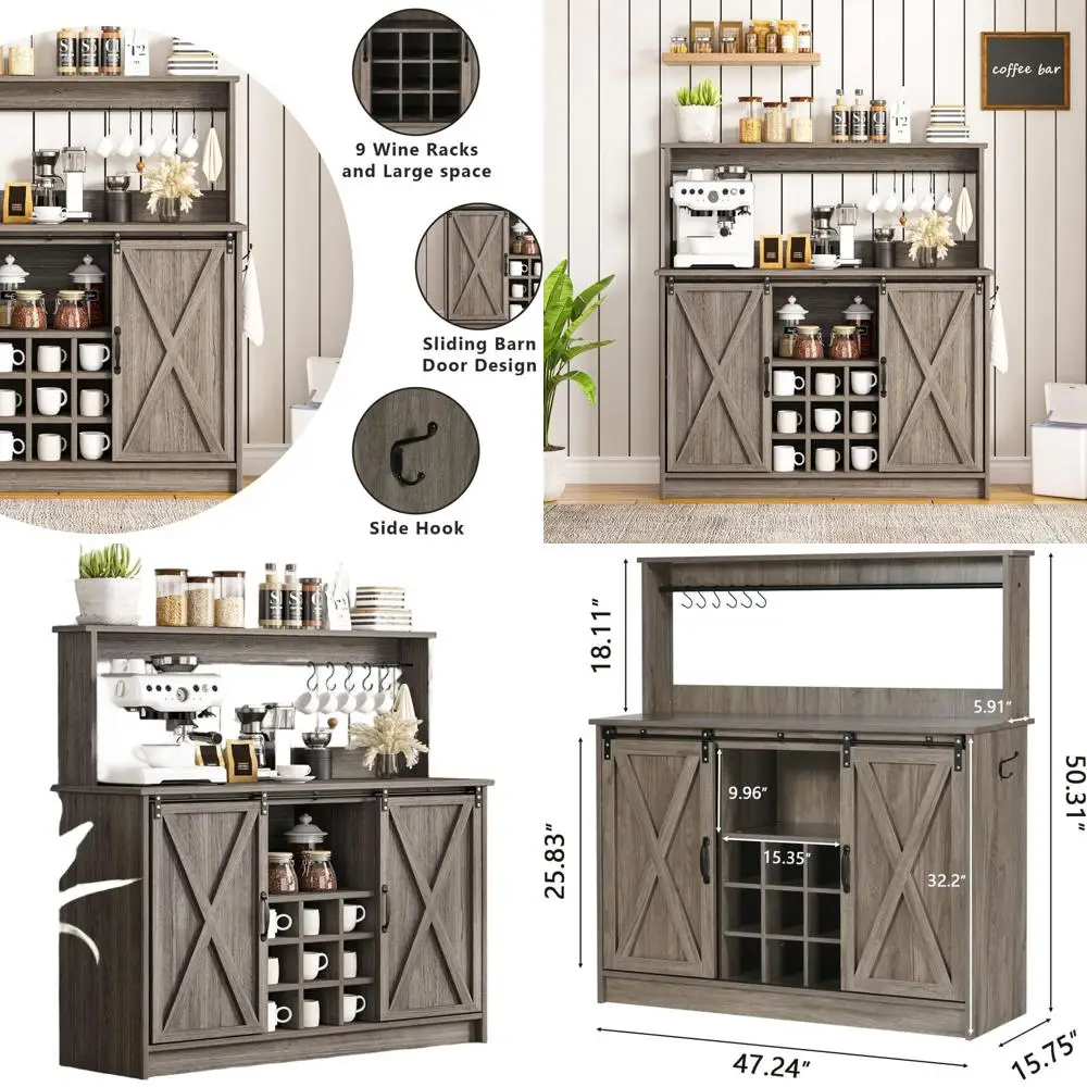 

Винный шкаф-бар серого цвета 47 дюймов с надстройкой, местом для хранения и 9 полками для кухни или столовой