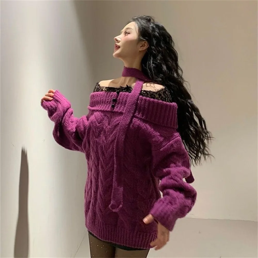Sweter Kerah Slash Elegan Wanita Fashion Patchwork Renda Rajutan Pullover Gaya Korea Longgar Pakaian Rajut Musim Dingin Lengan Panjang Pullover