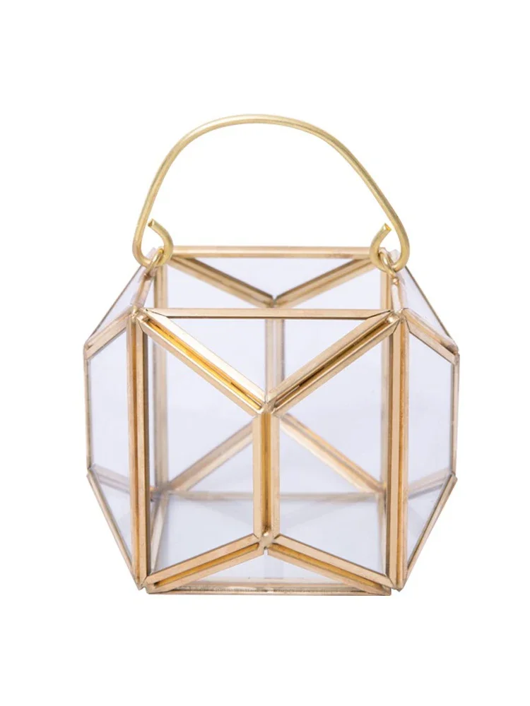 Decoration Table Accessories Candlesticks for Candles Glass Holder for Wind Protection Storm Lantern Dinner Retro Gold Trapezoid