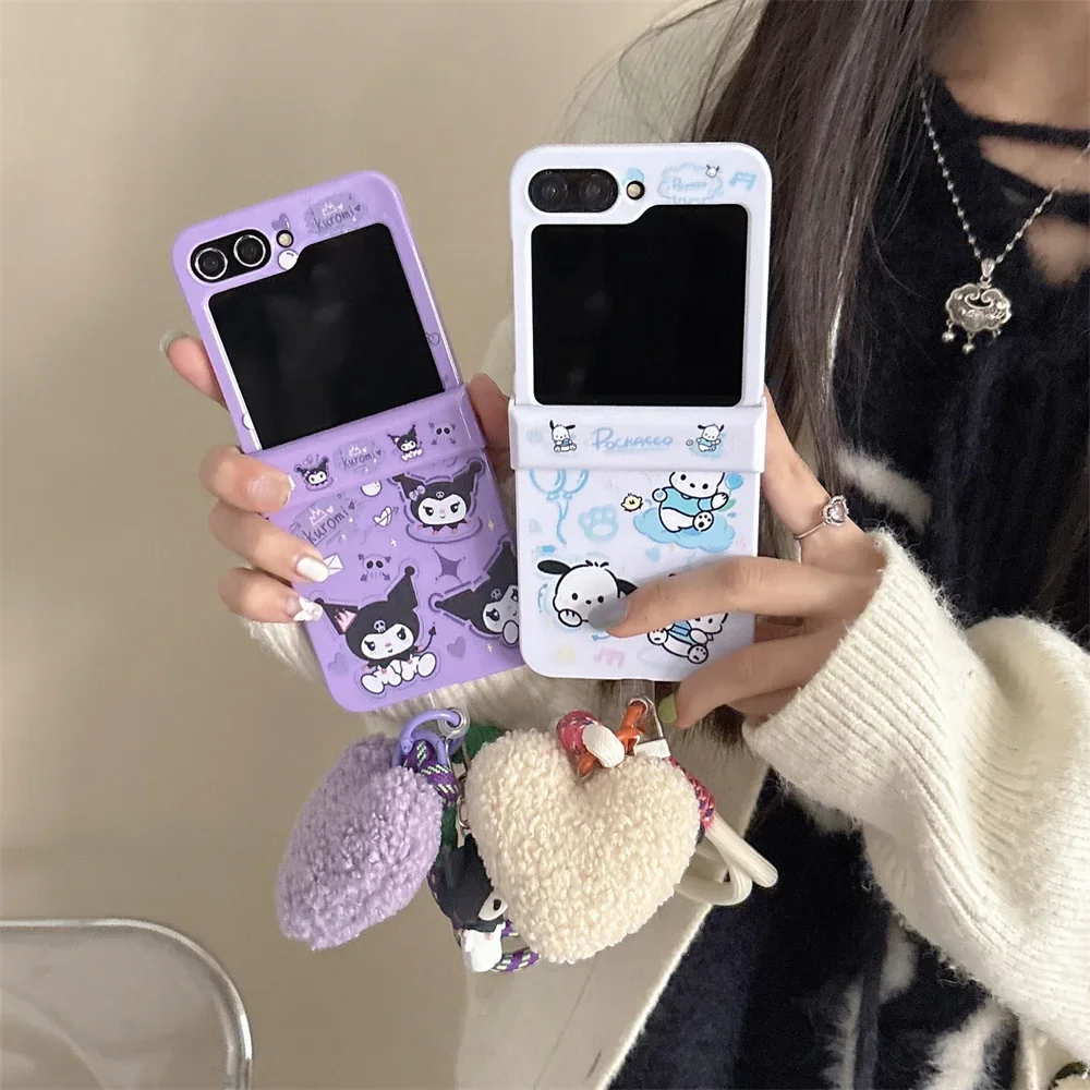 Cute Sanrios Pochacco Kuromi with Lanyard Phone Case for Samsung Galaxy Z Flip 3 4 5 6 5G PC Hard Anti-drop Candy Shells Fundas