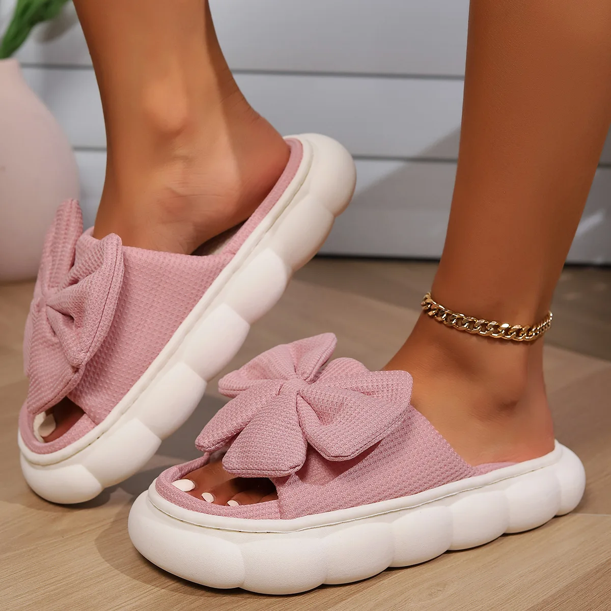 Big Bow Knot Cotton Linen Slippers For Women Home Floor Shoes Thick Sole Anti-slip Breathable Fabric Female Indoor Slides