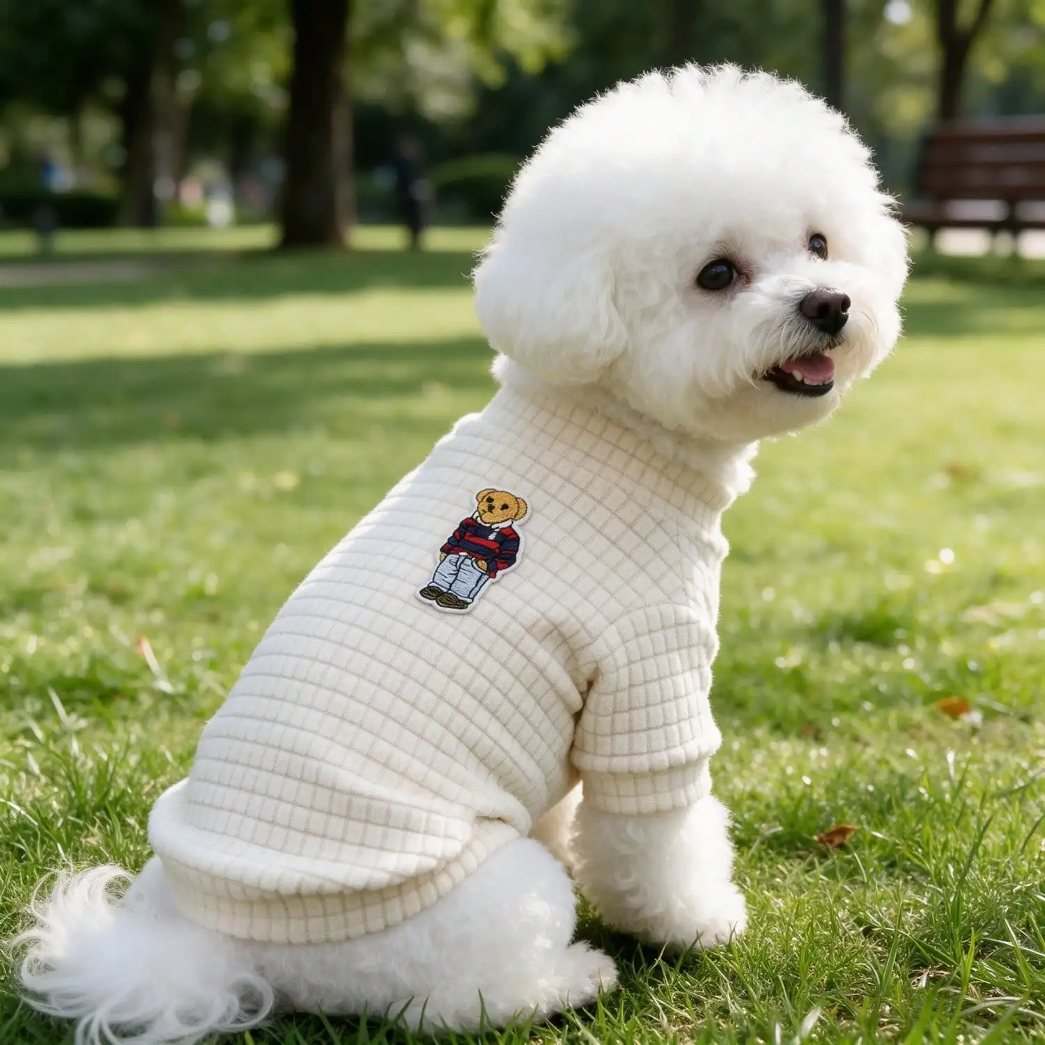 1 Stück Bären-Patch Waffel-Strick-Hundeshirt, weiches Halbrollkragen-Haustier-Outfit für kleine Hunde – Detail 5
