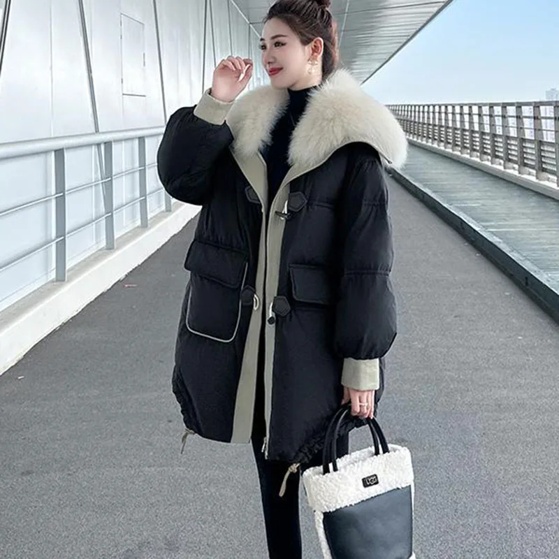 

New Women's White Duck Down Coat Winter Cold Warm Down Jacket Long Fashion Female Imitation Fox Big Hair Collar Thick Fur Coats