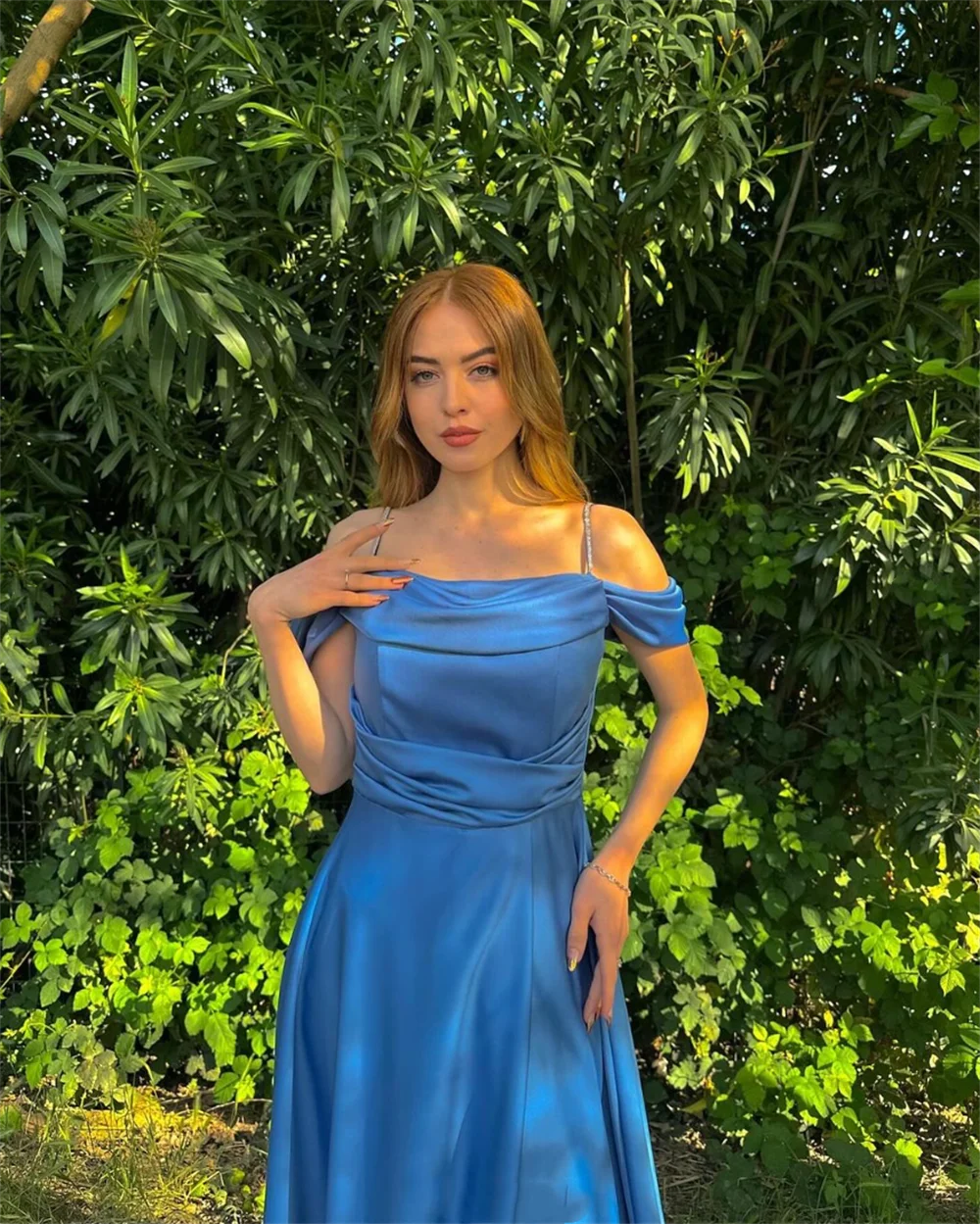 Jessica Blue Spaghetti Straps abiti da ballo a-line abiti da sera in raso elegante abito da festa principessa abiti per occasioni speciali