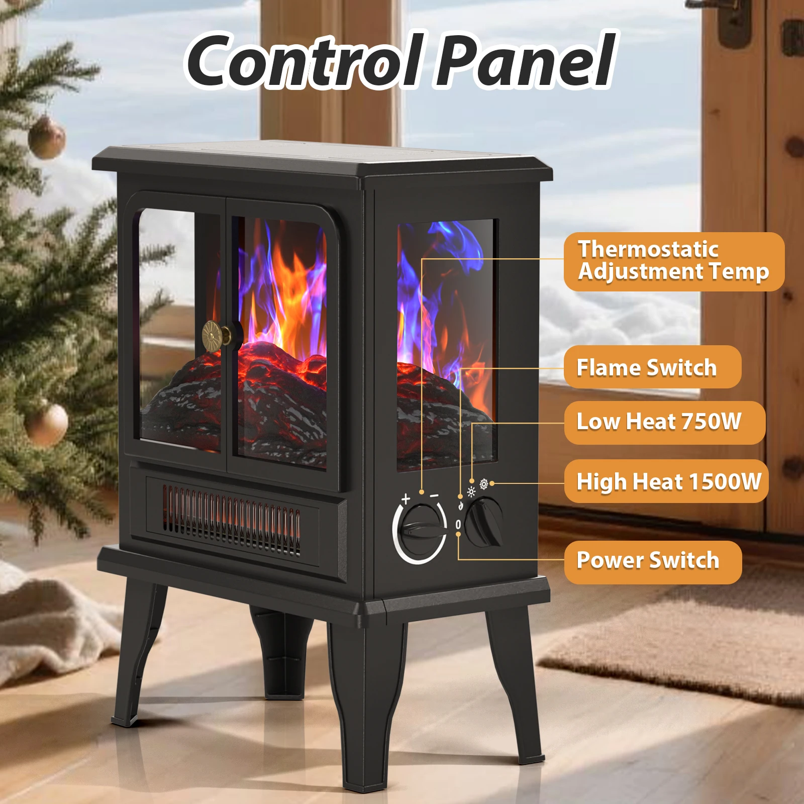 750W/1500W Thermostat Control for Indoor Home Heating Freestanding Electric Fireplace Stove, Portable Electric Heater with Realistic 3D Flame Effect,