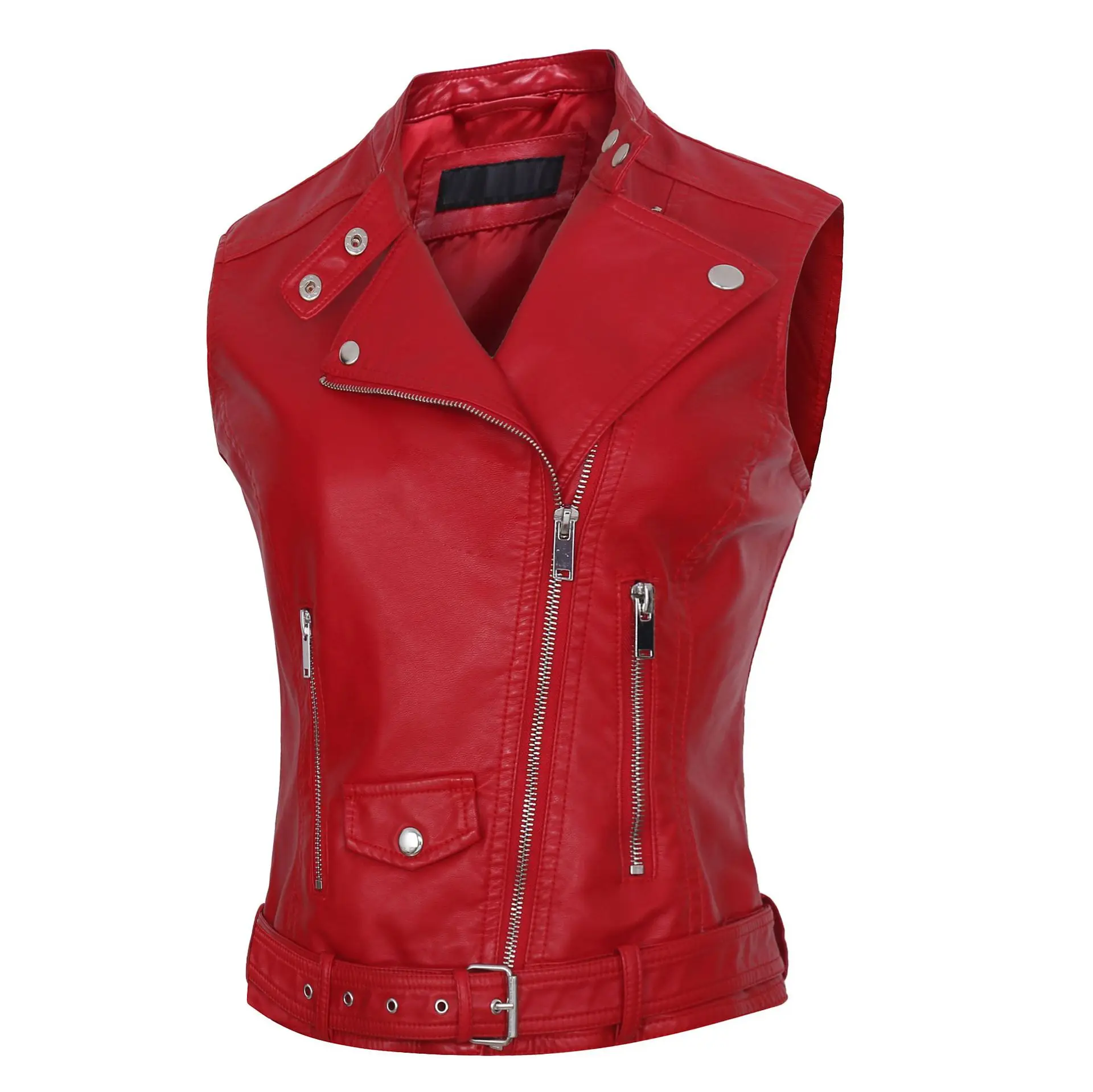 Fmfssom 2024 outono jaqueta de couro falso casual colete vermelho moda sem mangas casaco feminino streetwear moto biker zíper outwear