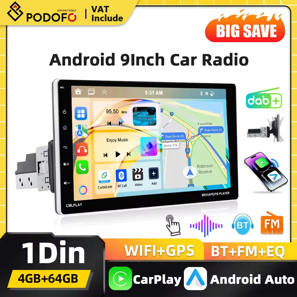 Podofo 9'' Abnehmbarer Bildschirm Android 1-DIN Autoradio Carplay Bluetooth EQ FM-Radio Mirror Link Auto-Multimedia-Player mit TF/USB-Unterstützung und Rückfahrkamera
