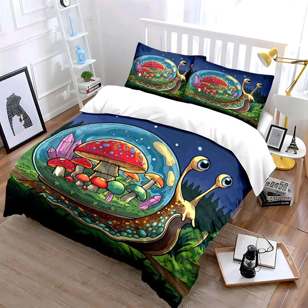 Snail Mushroom Fantasy Decoration Set Soft Skin-Friendly Bedding Set Includes 1 Duvet Cover And 2 Pillowcase, Gift