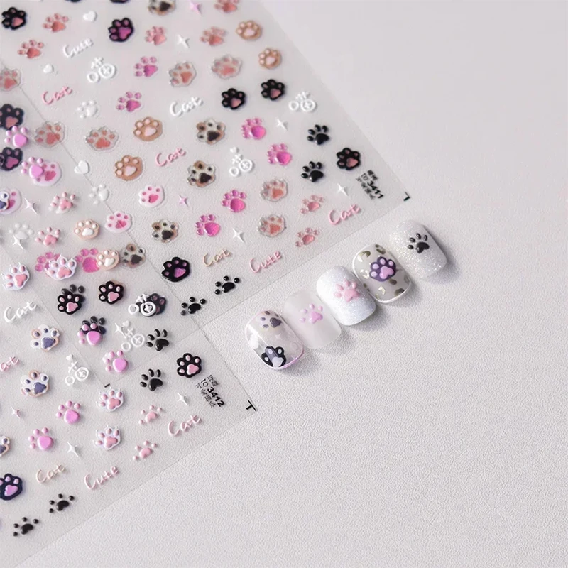Cute Jelly Pink Cat Paw Print Lovely Kitty Puppy Dog Cartoon 5D Embossed Relief Self Adhesive Nail Art Sticker 3D Manicure Decal