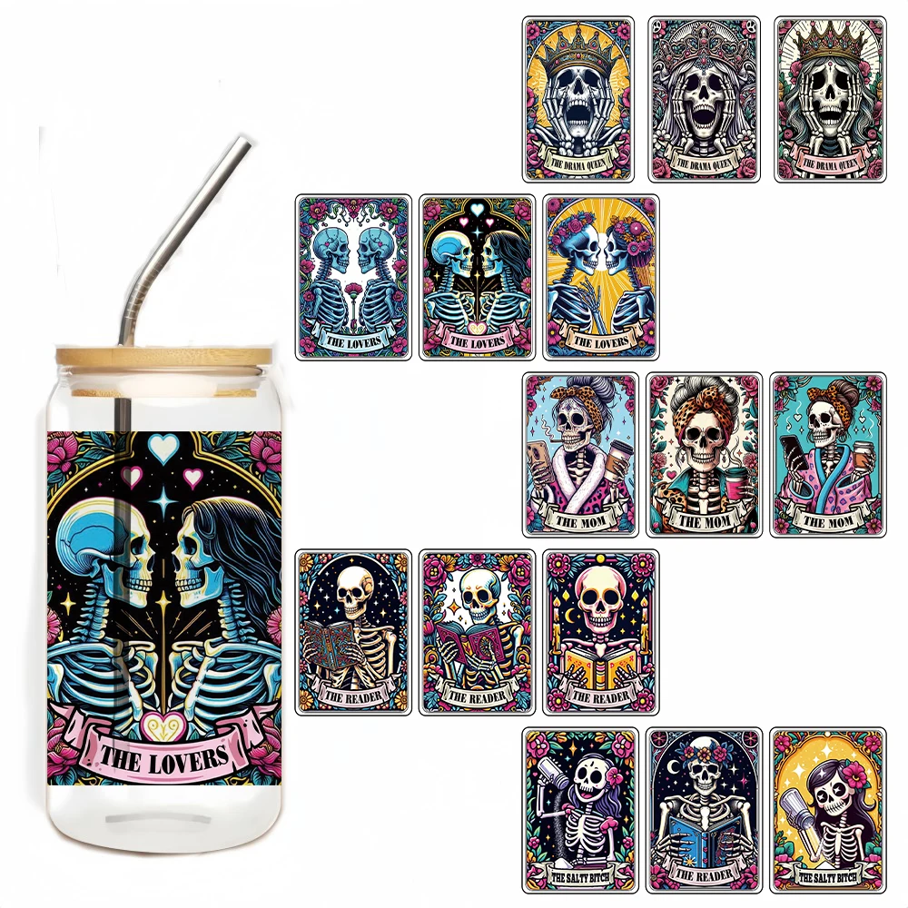 

УФ-обертывания для чашек DTF для 16 унций, тематические наклейки на Хэллоуин, череп, УФ-обертывания для чашек DTF, переводные наклейки для стаканов, стаканов