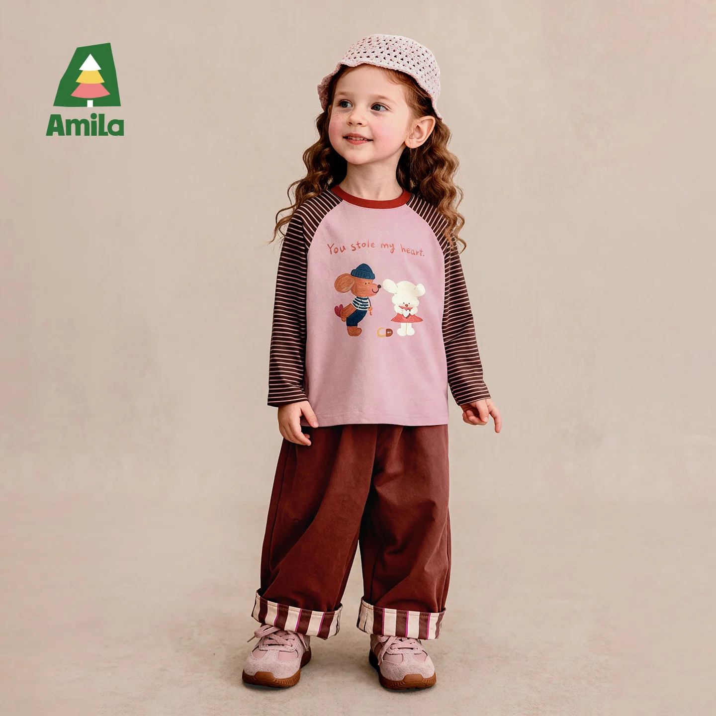 Amila 2026 Autumn New Kids Casual Pants Embroidery Matisse Color Matching Cuffed Design Fashion Straight Long Pants
