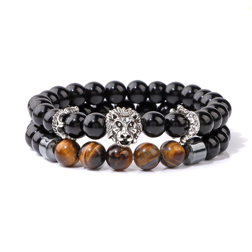 Silver Color Lion Head Bracelets For Men Black Onyx Tiger Eye Stone Beads Bangles Crown Charm Bracelet Fashion Jewelry Plusera image 5