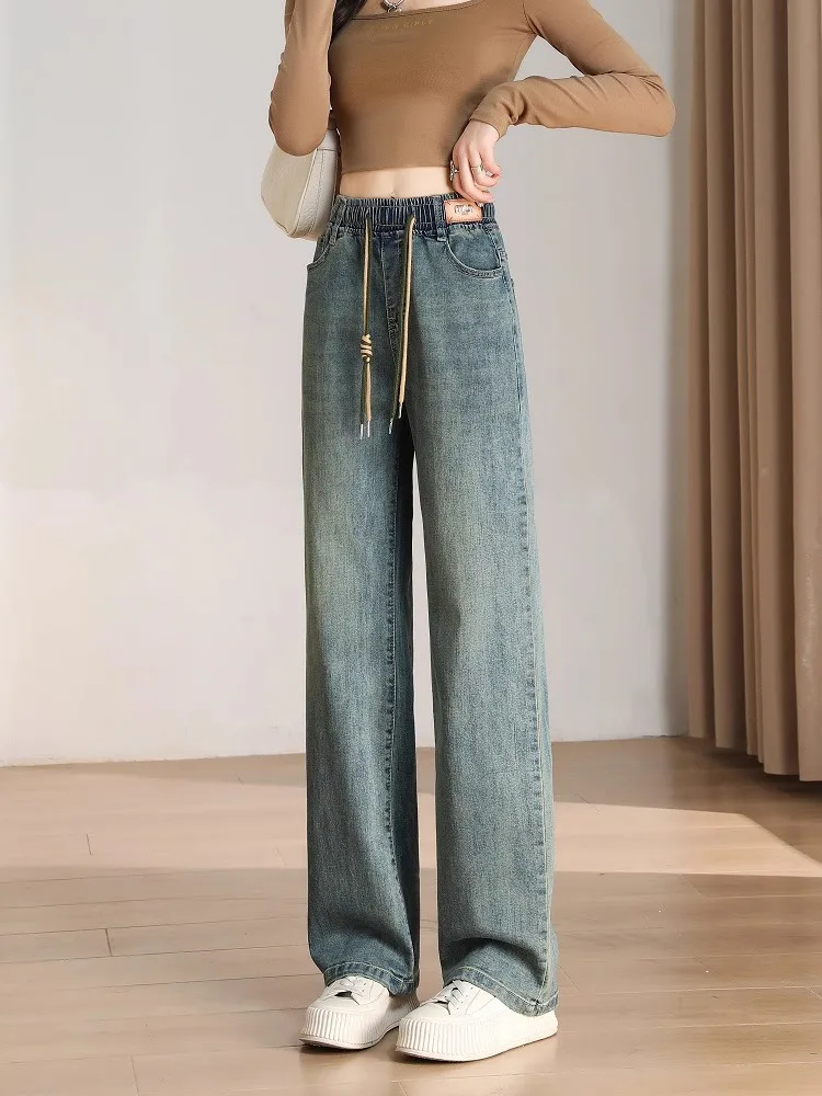 

Women's Elastic Waist Wide Leg Jeans Spring High Waist Narrow Version Long Straight Cut Autumn New Sle Drapey Feel Denim Pants