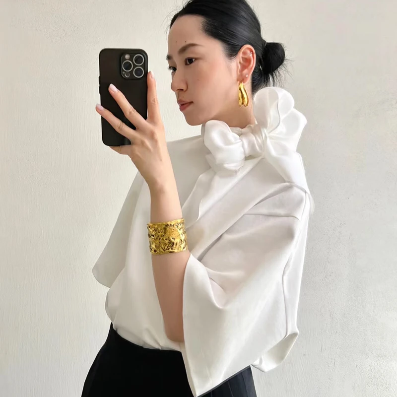 

Ele Pearl White Silk Chiffon Top Faionable Draped Silhouette ort Sve Women's Premium Quali Silk Blend Blouse