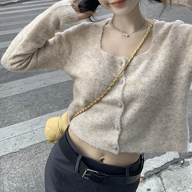 

Autumn Solid Color Knitting Crop Sweaters Women Y2K Korean Fashion Square Collar Single Breasted Cardigans Long Sleeve Slim Top