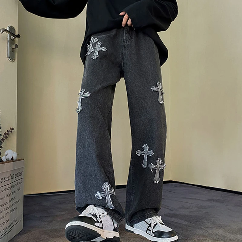 Men\'s Baggy Jeans Fashion Loose Straight Jean Retro Cross Print Trousers Hip Hop Pants 2023 Summer Male Streetwear Y2k Clothings