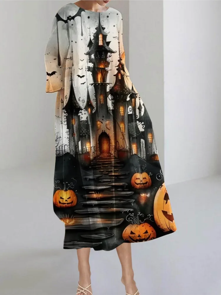 

Women's Long Dresses 2024 Casual Loose New Halloween Print Round Neck Pockets Three Quarter Sleeves Vestidos For Female's Spring