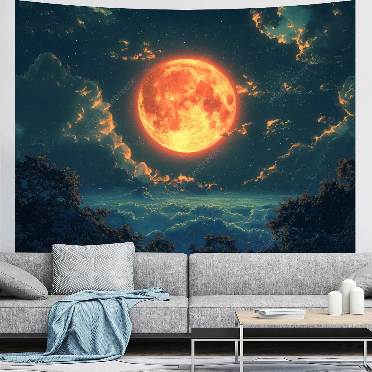 VIKAMA Immersiver Sternenhimmel-Wandteppich, Flammen- und Mondmuster, skandinavisches Wohnzimmer, helles Luxus-Schlafzimmer, B&B-Stanzwand