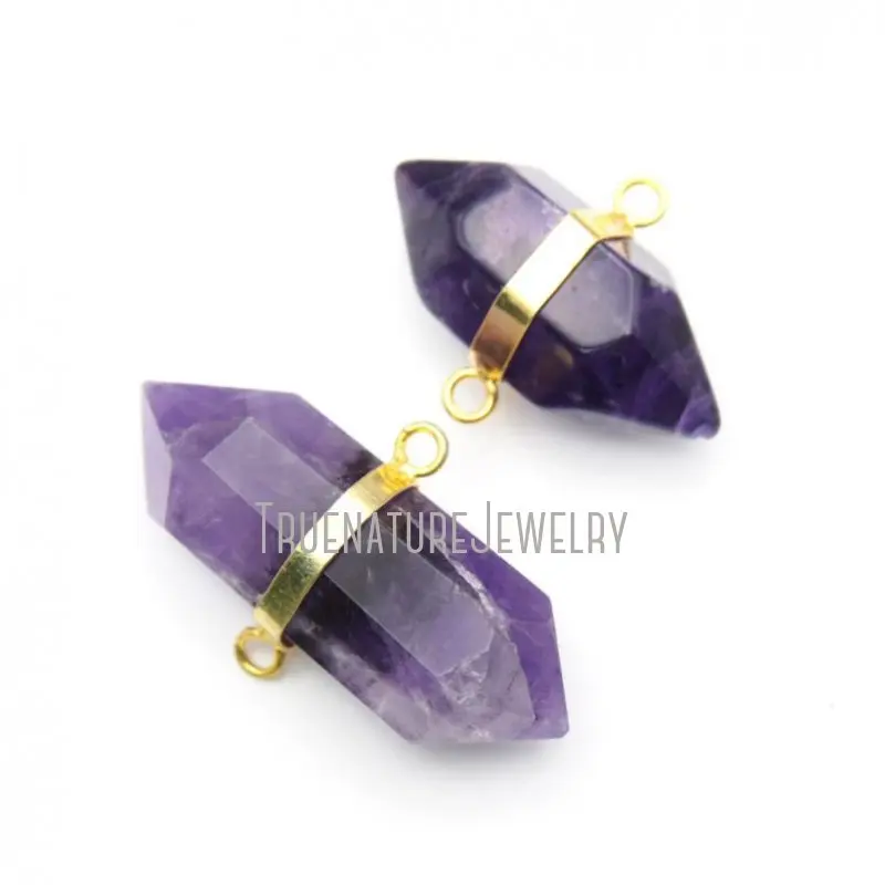 PC16003 Faceted Dog Tooth Amethyst Connector Copper Jewelry Gold Plated Pendant Double Point Hexagonal Prism Pendant 36x17 mm