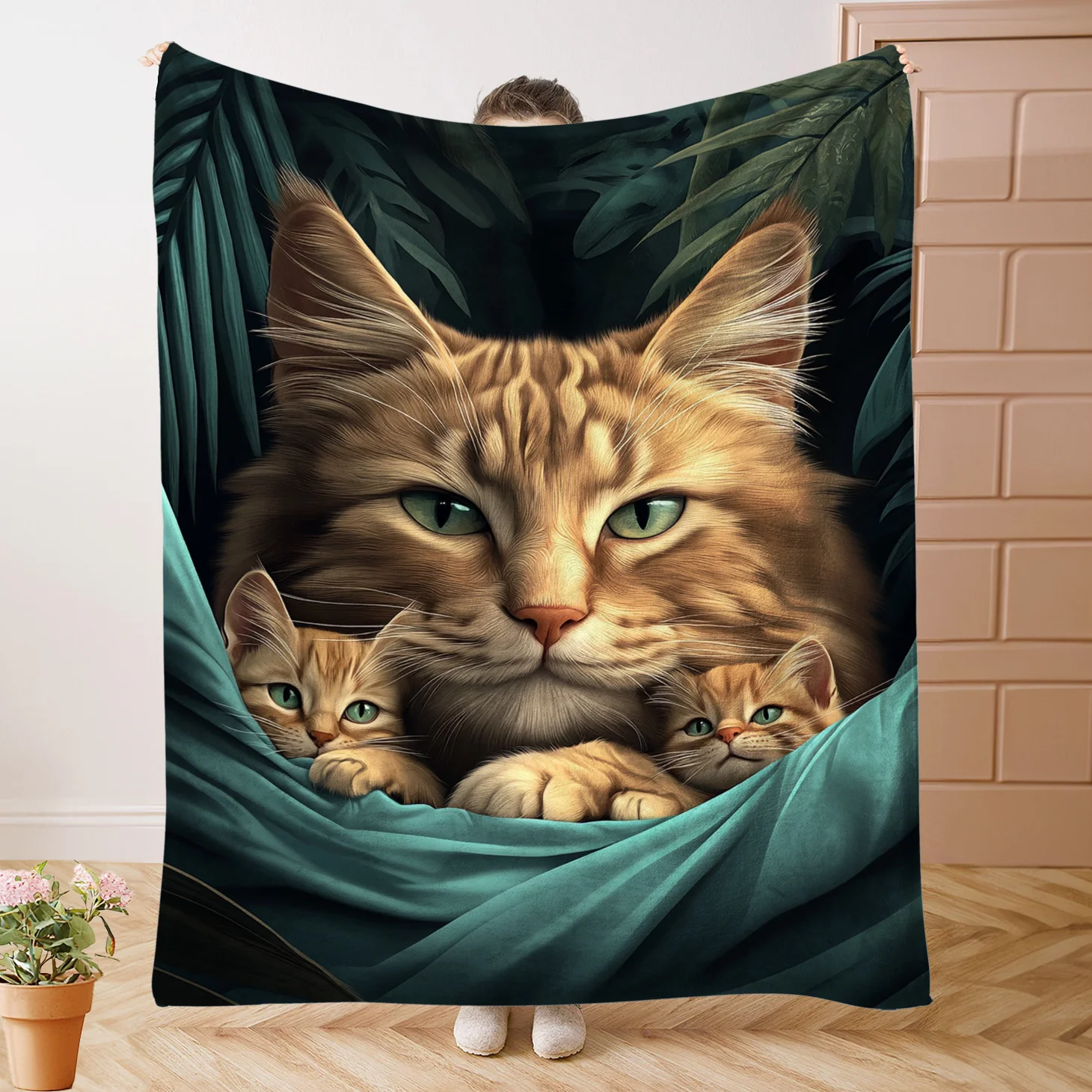 Glam Style Cat Family Print Throw Blanket Fantasy Themed, Quilted Flannel, Ideal for Napping, Camping, Travel, Office