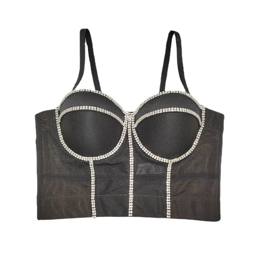 

Designer Rhinestone Bustier Top - Double Row Crystal Strapless Corset with 3D Cups, Sheer Mesh Slimming Sexy Backless Top