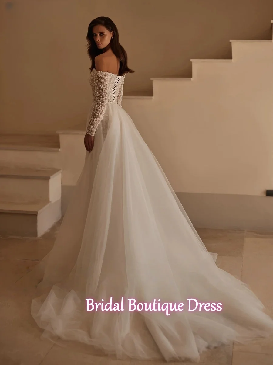 Personalizado de luxo sexy sereia vestidos de casamento manga boné com decote em v frisado pérolas rendas trem destacável vestido de noiva