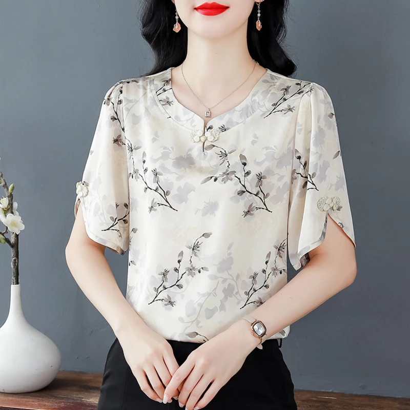 Retro Silk Chiffon Shirt For Women\'s 2024 New Short sleeved Floral Printed Tops Fashion Summer Blouse