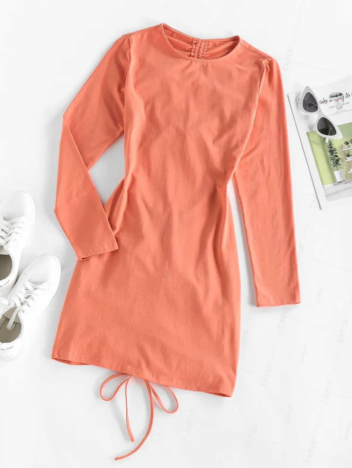 فستان ZAFUL نسائي يومي بياقة دائرية وأكمام طويلة وفتحة خلفية وأكمام طويلة