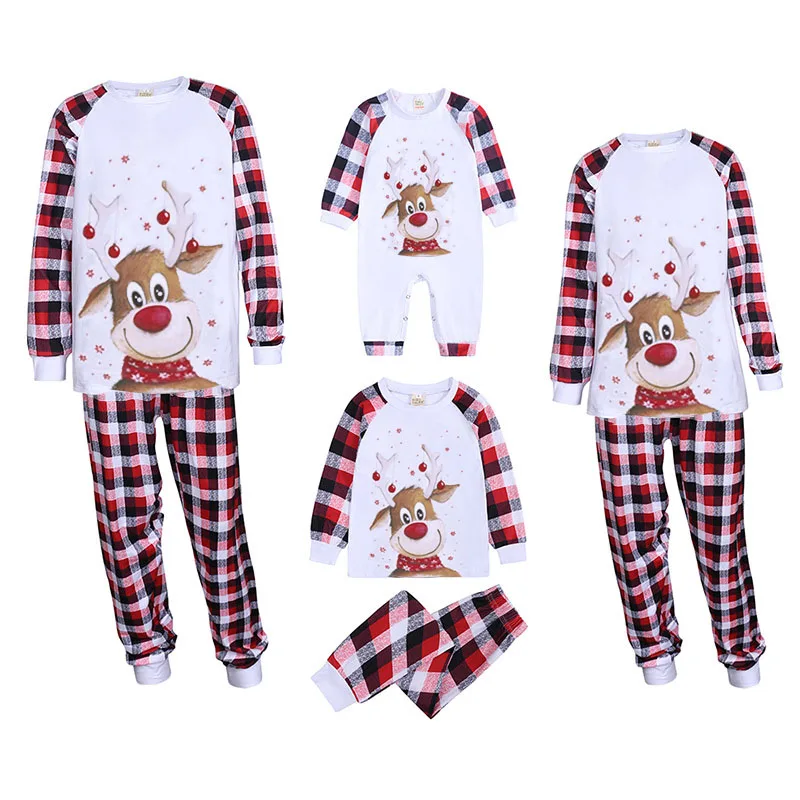 Christmas Family Pajamas with Cartoon Elk Plaid Print, Crew Neck Ribbed Cuffs Holiday Clothing