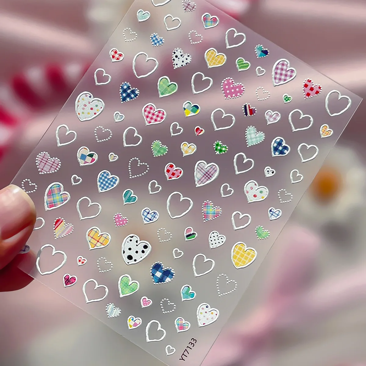 1pcs 5D Silver-embossed Heart-shaped Nail Stickers Valentine's Day Colorful Checkered Nails Art Sticker Decorations Nails Decal