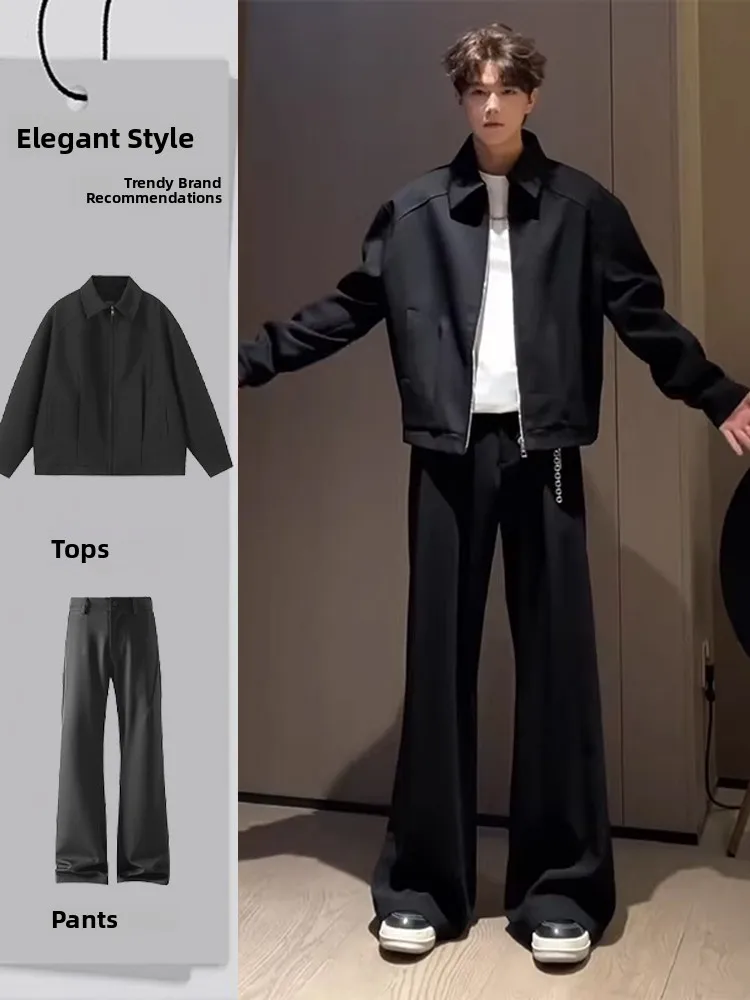 

Черный комплект с пиджаком с подплечниками для мужчин: весенние брюки прямого кроя с микро-клешем, премиум-класс, OOTD, полный комплект, подростковая мода