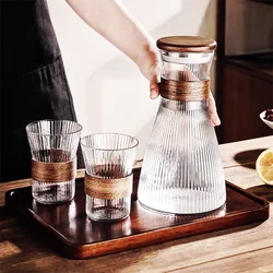 Japanese Style Glass Cold Water Jug Walnut Sleeve Heat Resistant Vertical Stripes Coffee Pot Juice Pitcher Tea Pot