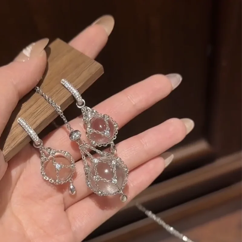 

Серьги-колье из стерлингового серебра 925 пробы с сетчатым карманом и двойными белыми кристаллами A, женские подарки, ювелирные изделия