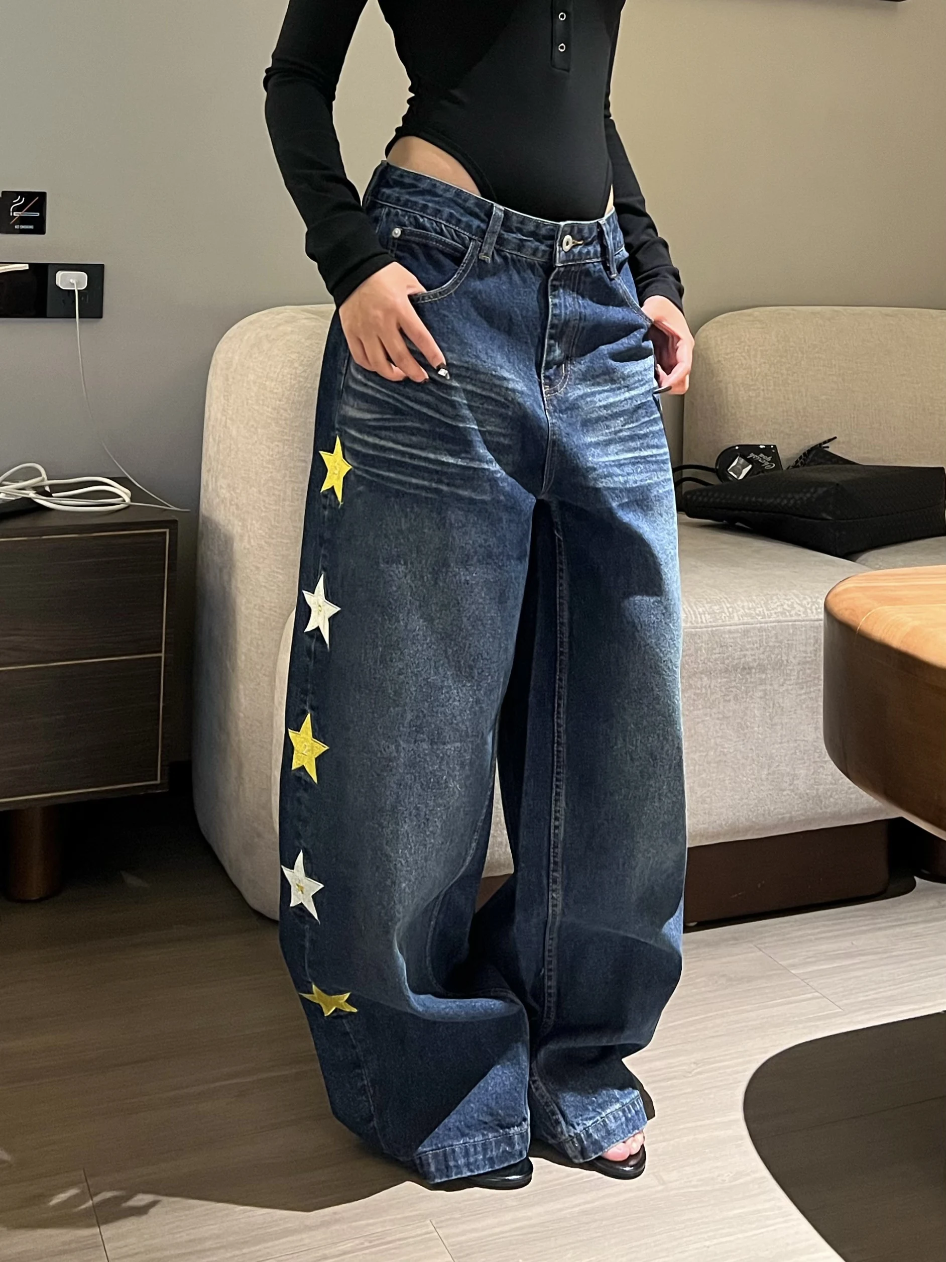 

American Sle Star Embroidery Wide Leg Jeans Loose Straight Cut Men's Casual Long Trousers Versatile Design Spring Autumn Wi...