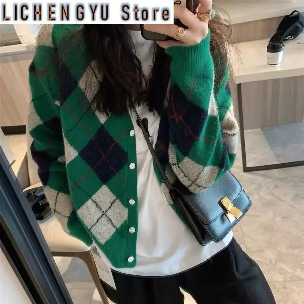 New Winter Spring Argyle Cardigan Women Jacket Sweater N Vintage V Neck Knit Sweater Fall College Warm Tops Sweet Fashion Coat