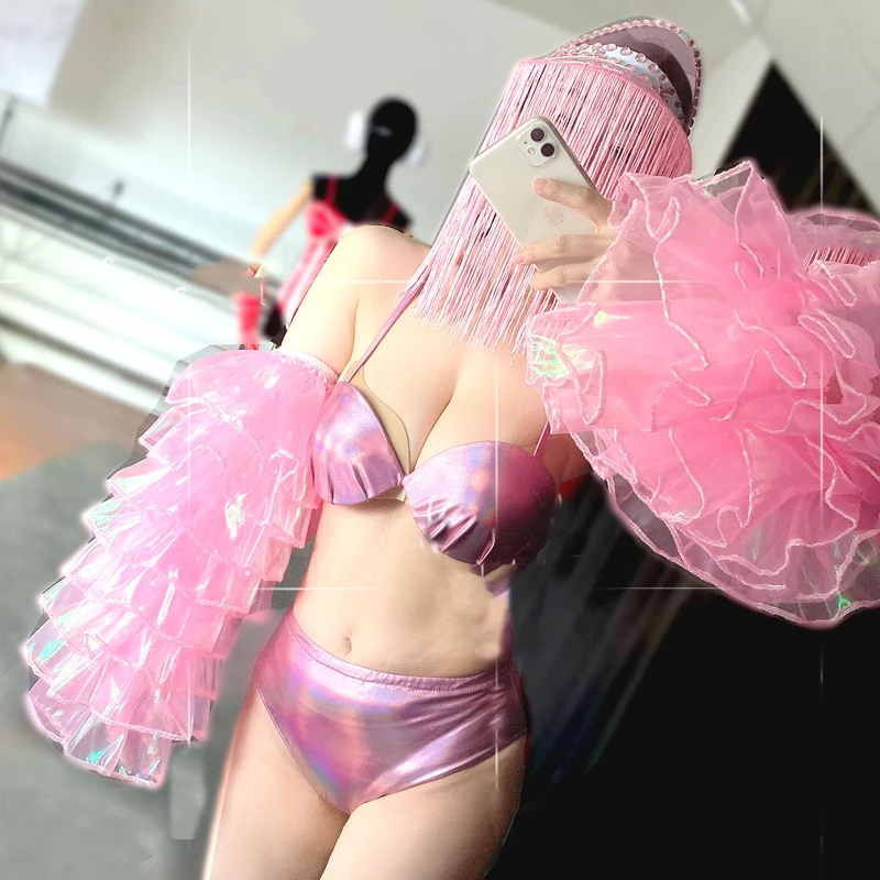 Nightclub Dj Party Show Pole Dance Clothing Sexy Puff Sleeves Bikini Shorts Fringed Hat Christmas Costume Rave Outfit XS3307