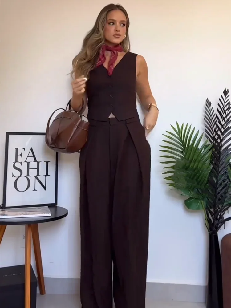 SIYANG Women Fashion Chic Chocolate Set Female Side Vents Wasitcoat With Belt Pleated Trousers Ladies Elegant Outfits